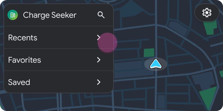 Charge Seeker example with Recents, Favorites and Saved beside a map