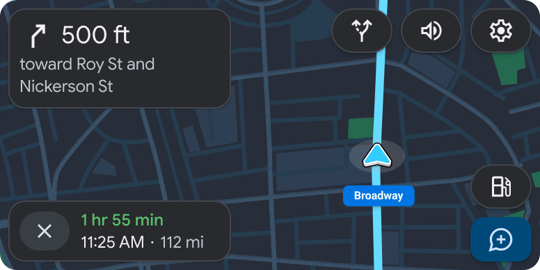 Active navigation example with a next-turn instruction, route summary and an X control