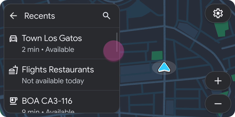 Recents list with place names, availability text and a Back arrow