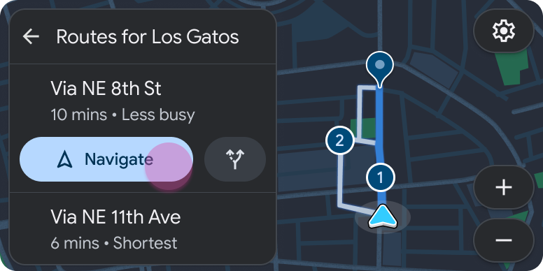 Official example showing two route alternatives, a highlighted Navigate action and routes on the map