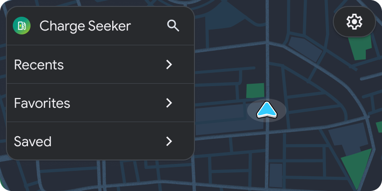 Charge Seeker landing screen with Recents, Favorites and Saved beside a map
