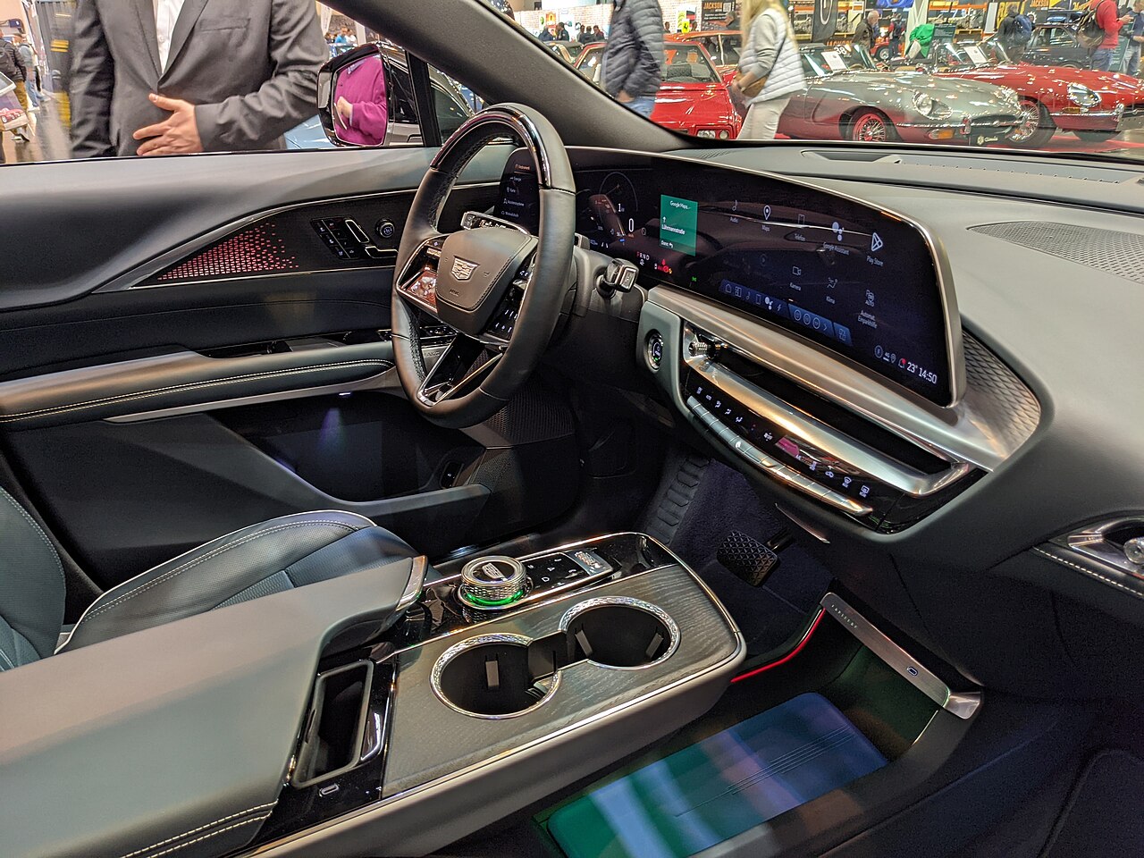 LYRIQ interior photographed at Techno Classica Essen in April 2025, with a wide curved display and center console