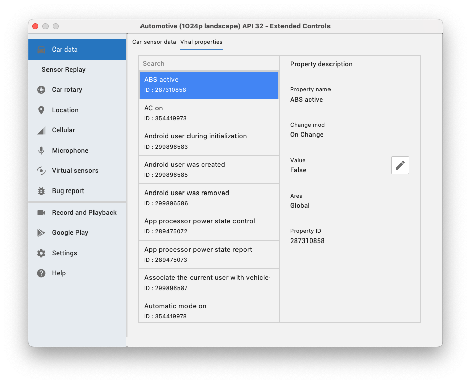 Official Android Automotive emulator extended-controls VHAL properties panel with ABS active selected